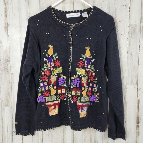 Victoria Jones Embellished Holiday Cardigan Sweater Black Size Large - Picture 1 of 11